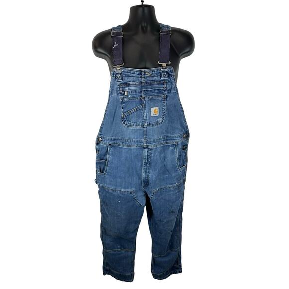 Carhartt Double Knee Denim Overalls Carpenter Workwear Utility 42x30 Distressed - Picture 1 of 16